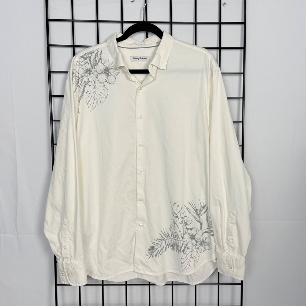 Tommy Bahama Hawaiian Shirt Mens Large White Hibiscus Bouquet Silk Resortwear